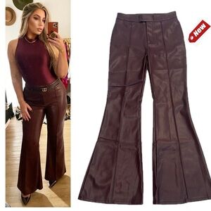 7 For All Mankind burgundy wine faux leather wide leg flare trouser pants S NWT